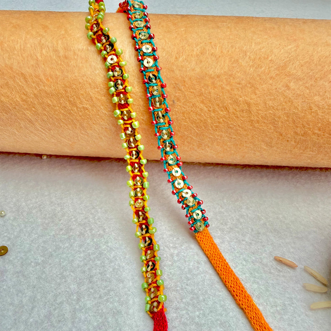 2 Pc | Hand Embroidered Blanket Stitch Rakhis With Roli Chawal For Brother