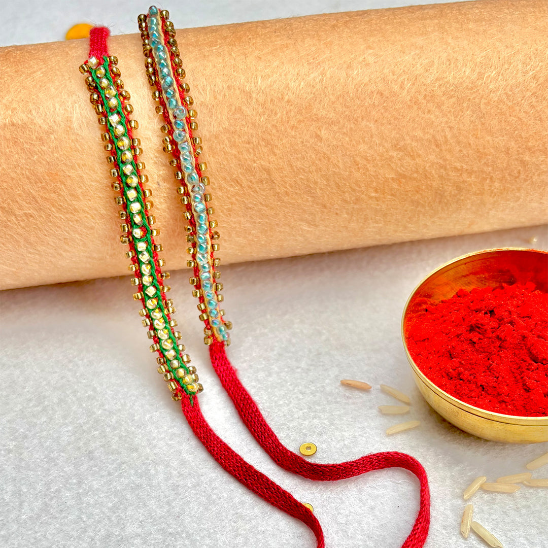 2 Pc | Hand Embroidered Beaded Chain Rakhis With Roli Chawal For Brother