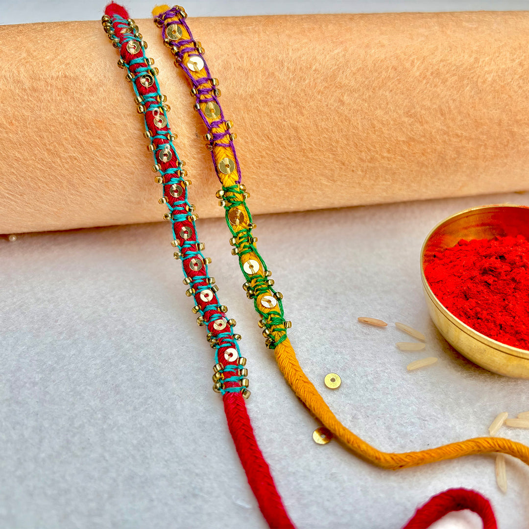 2 Pc | Hand Embroidered Sequin Blanket Stitch Rakhis With Roli Chawal For Brother