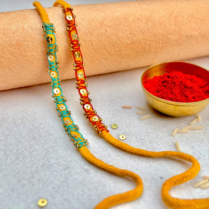 2 Pc | Hand Embroidered Sequin Blanket Stitch Rakhis With Roli Chawal For Brother