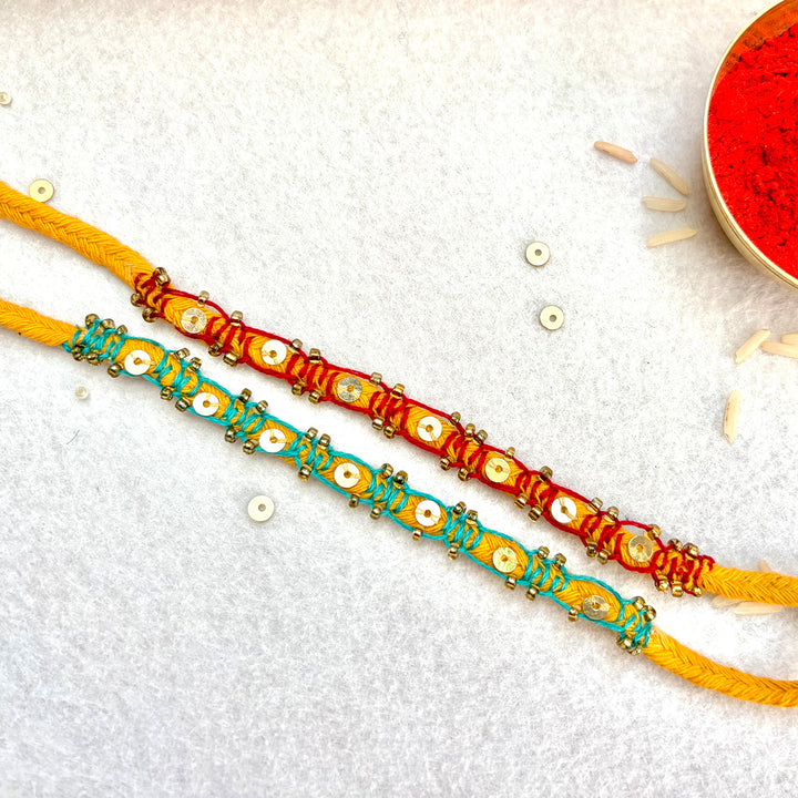 2 Pc | Hand Embroidered Sequin Blanket Stitch Rakhis With Roli Chawal For Brother