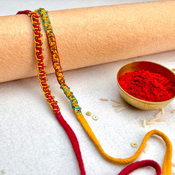 2 Pc | Hand Embroidered Beaded Blanket Stitch Rakhis With Roli Chawal For Brother