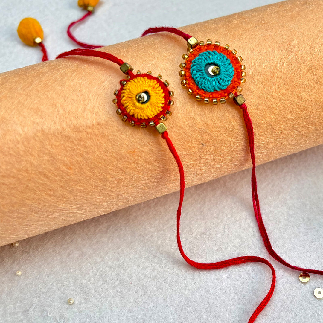 2 Pc | Hand Embroidered Sheesha Rakhis With Roli Chawal For Brother