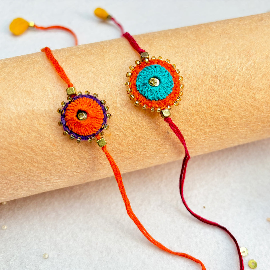 2 Pc | Hand Embroidered Sheesha Rakhis With Roli Chawal For Brother