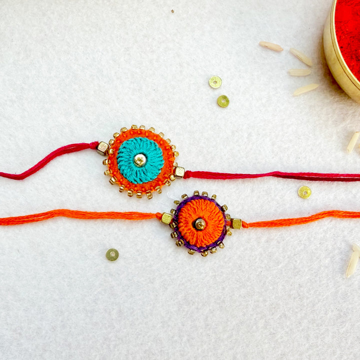2 Pc | Hand Embroidered Sheesha Rakhis With Roli Chawal For Brother