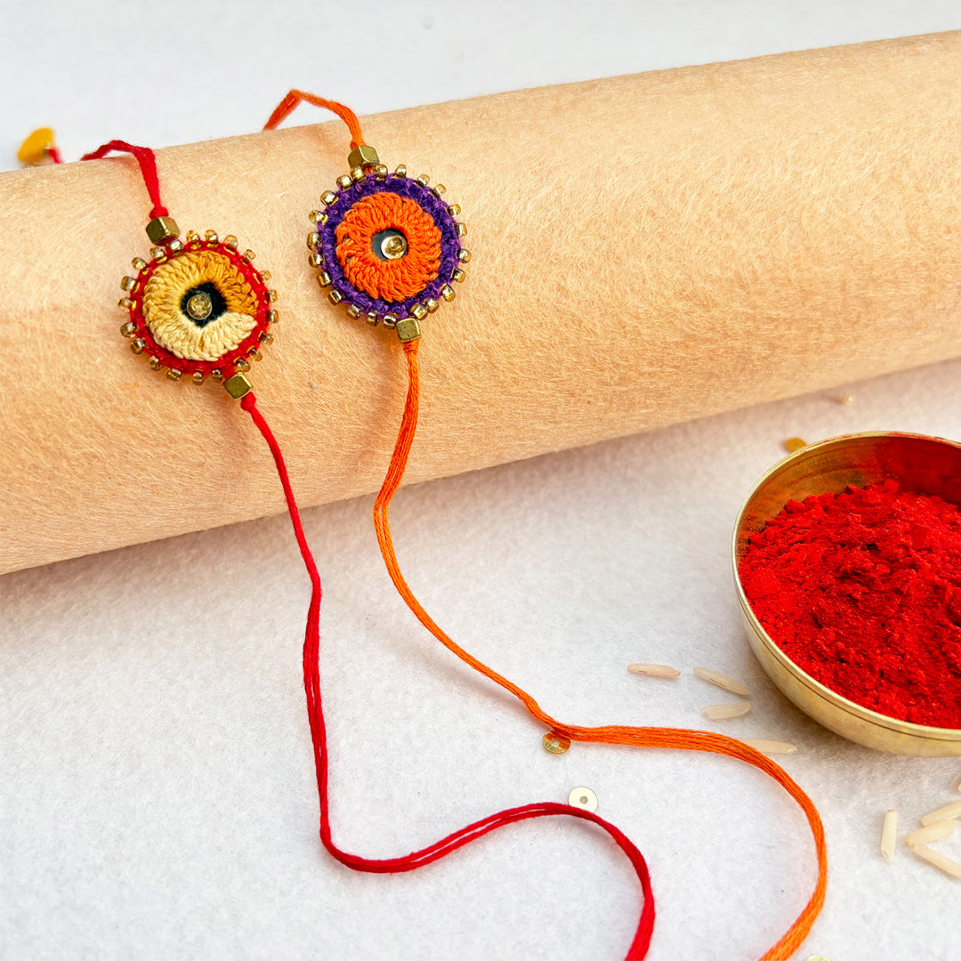 2 Pc | Hand Embroidered Sheesha Rakhis With Roli Chawal For Brother