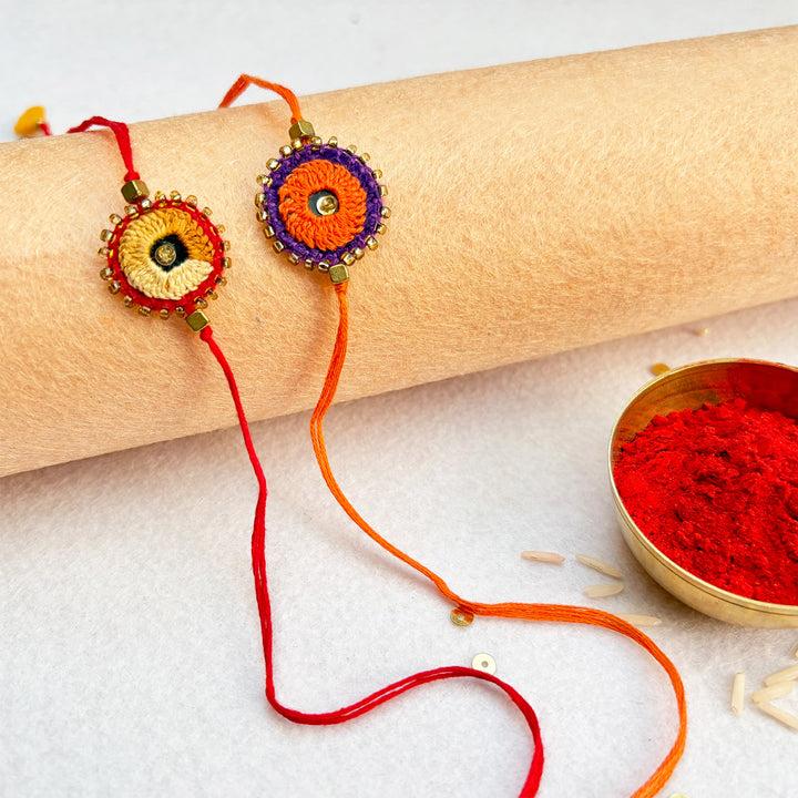 2 Pc | Hand Embroidered Sheesha Rakhis With Roli Chawal For Brother
