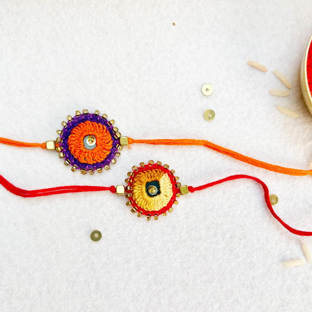 2 Pc | Hand Embroidered Sheesha Rakhis With Roli Chawal For Brother