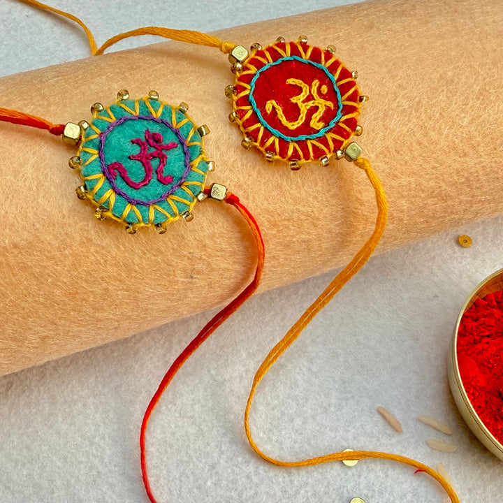 2 Pc | Hand Embroidered Aum Mandala Rakhis With Roli Chawal For Brother