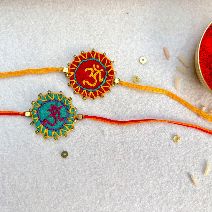 2 Pc | Hand Embroidered Aum Mandala Rakhis With Roli Chawal For Brother