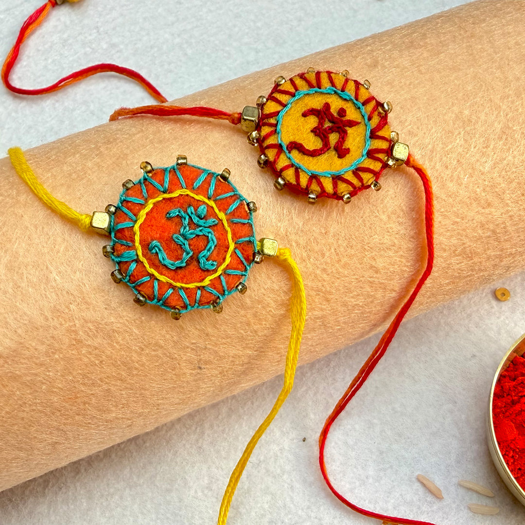 2 Pc | Hand Embroidered Aum Mandala Rakhis With Roli Chawal For Brother