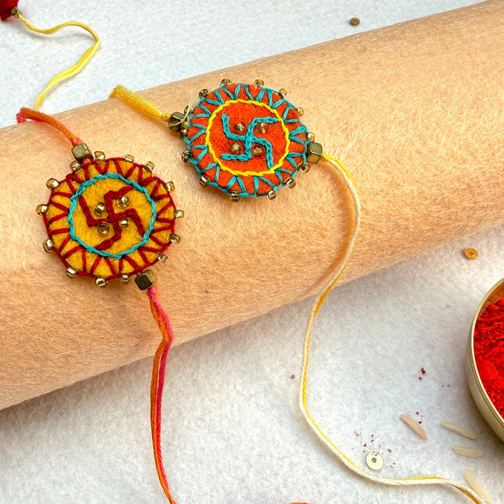 2 Pc | Hand Embroidered Swastika Mandala Rakhis With Roli Chawal For Brother