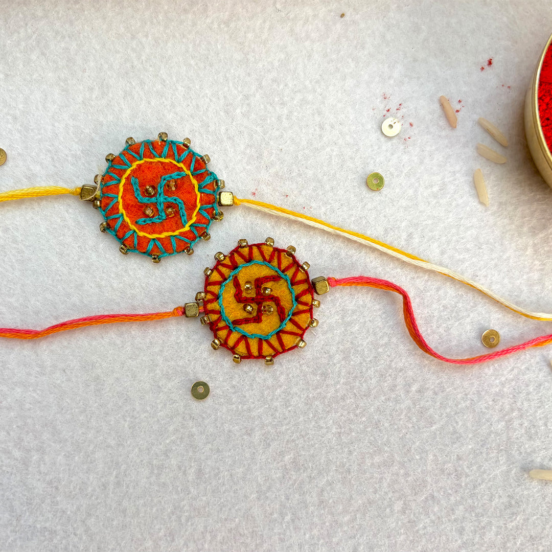 2 Pc | Hand Embroidered Swastika Mandala Rakhis With Roli Chawal For Brother