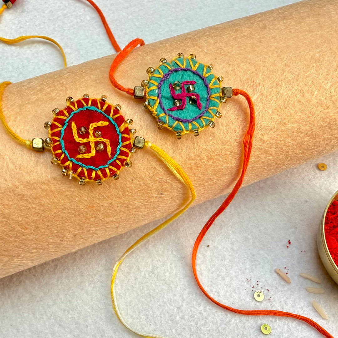 2 Pc | Hand Embroidered Swastika Mandala Rakhis With Roli Chawal For Brother