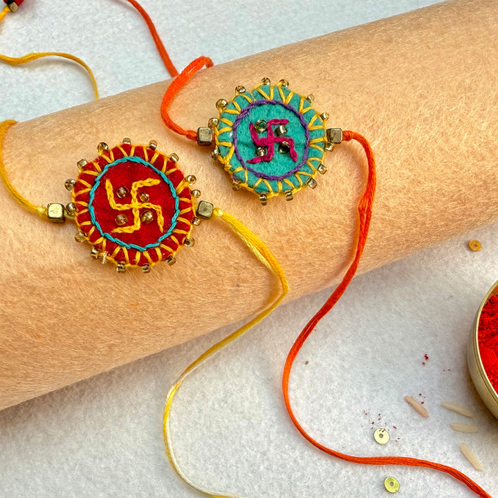 2 Pc | Hand Embroidered Swastika Mandala Rakhis With Roli Chawal For Brother