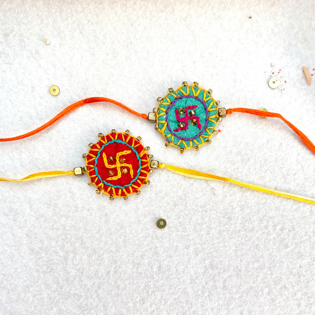 2 Pc | Hand Embroidered Swastika Mandala Rakhis With Roli Chawal For Brother