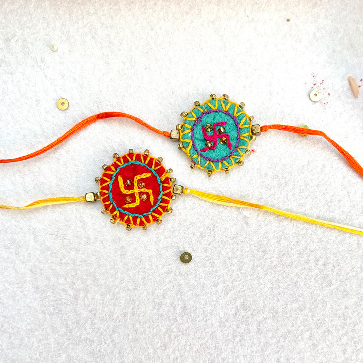2 Pc | Hand Embroidered Swastika Mandala Rakhis With Roli Chawal For Brother