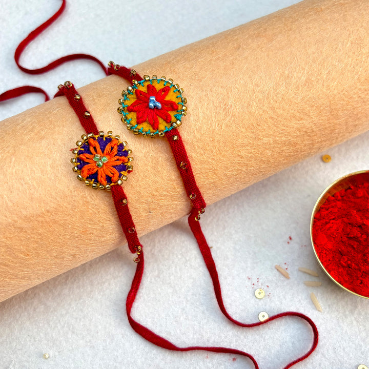 2 Pc | Hand Embroidered Daisy Flower Rakhis With Roli Chawal For Brother
