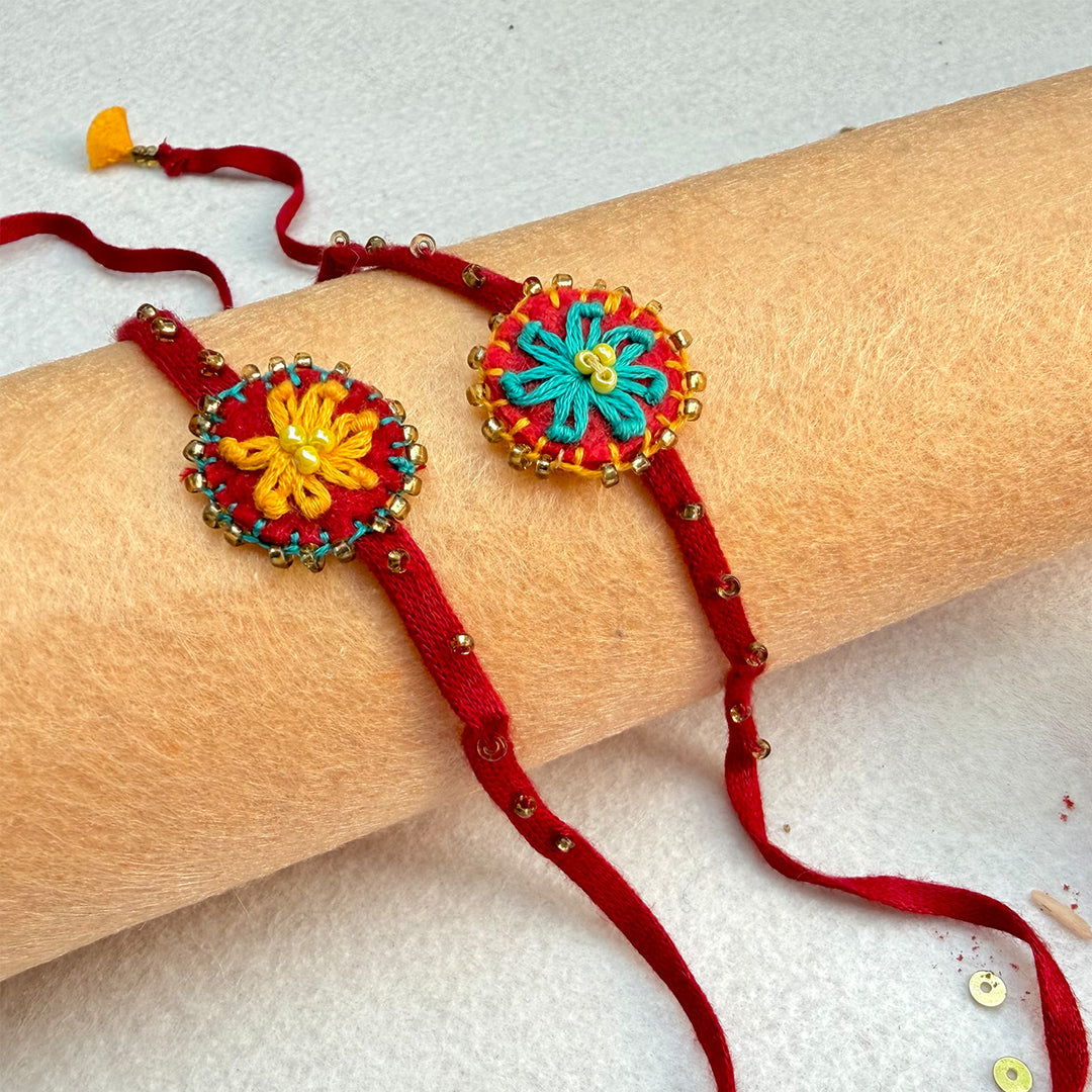2 Pc | Hand Embroidered Daisy Flower Rakhis With Roli Chawal For Brother