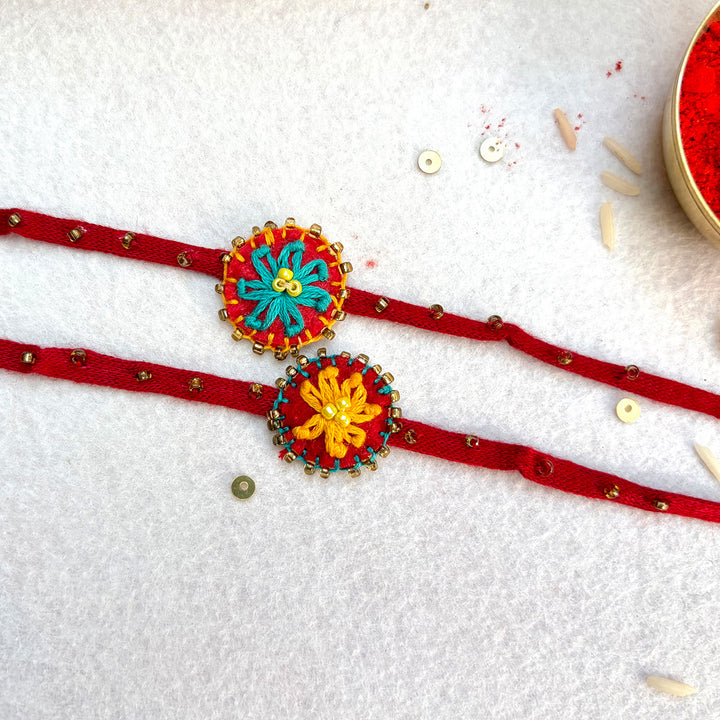 2 Pc | Hand Embroidered Daisy Flower Rakhis With Roli Chawal For Brother