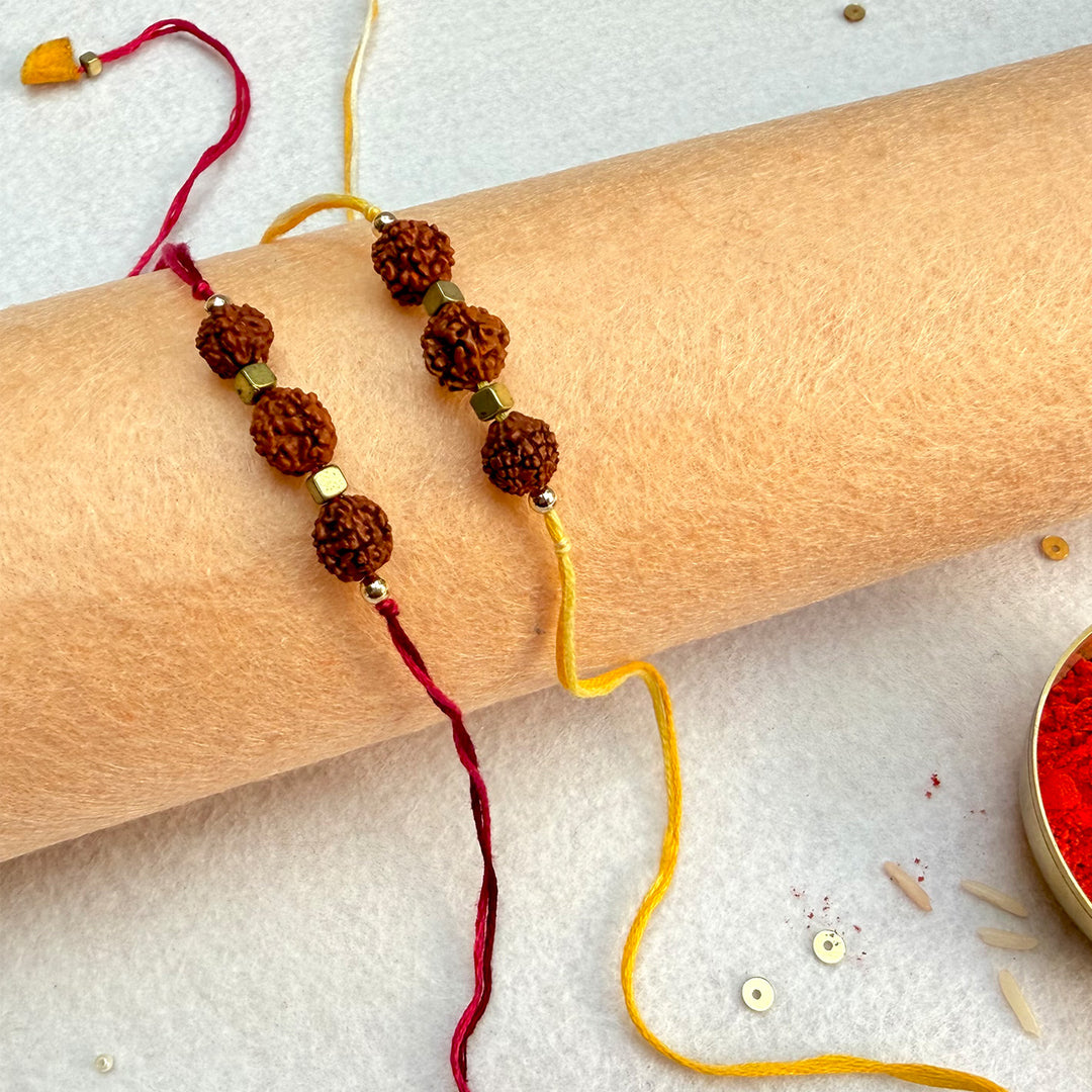 2 Pc | Handmade Rudraksha Bead Rakhis With Roli Chawal For Brother