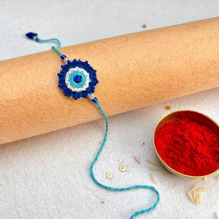 Hand Embroidered Nazar Battu Rakhi With Roli Chawal For Brother