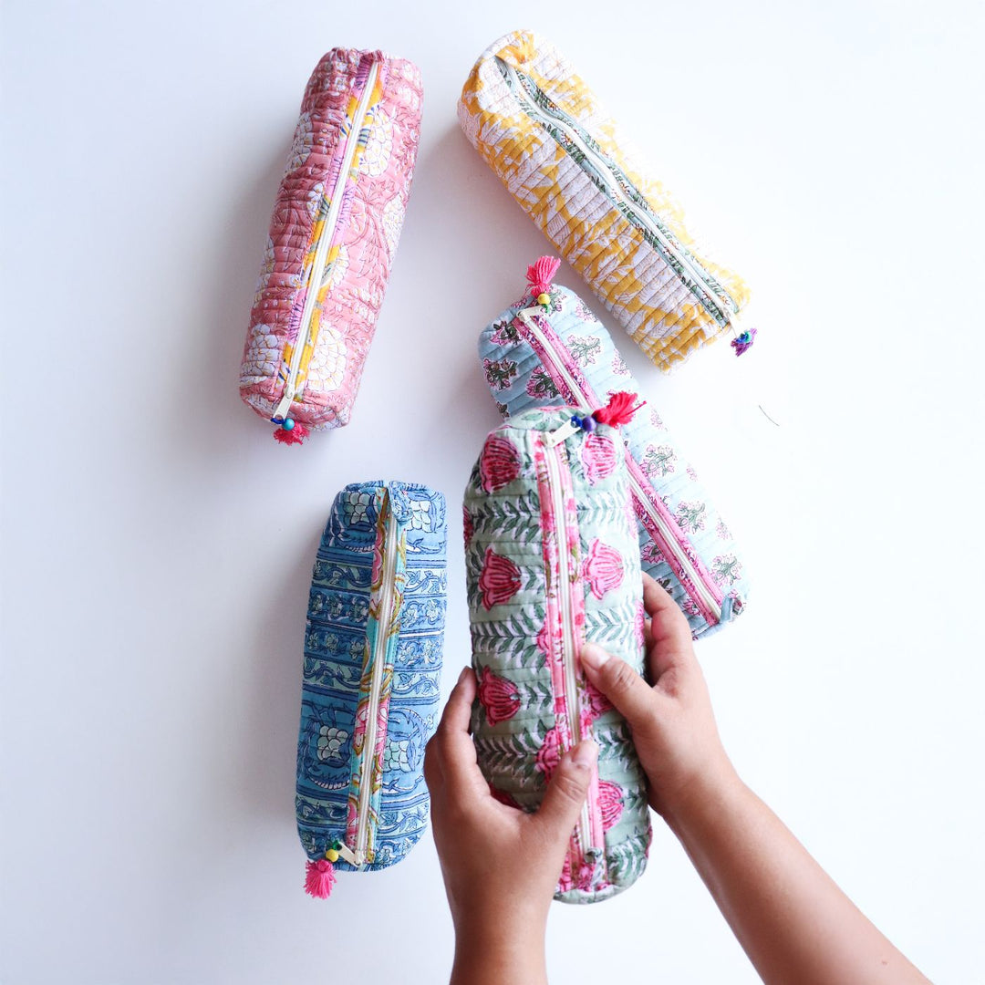 Assorted Handmade Block Printed Pom - Pom Zip Pull Cotton Pencil Pouch | Set Of 5 | 8 x 3 Inch