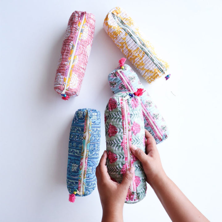Assorted Handmade Block Printed Pom - Pom Zip Pull Cotton Pencil Pouch | Set Of 5 | 8 x 3 Inch