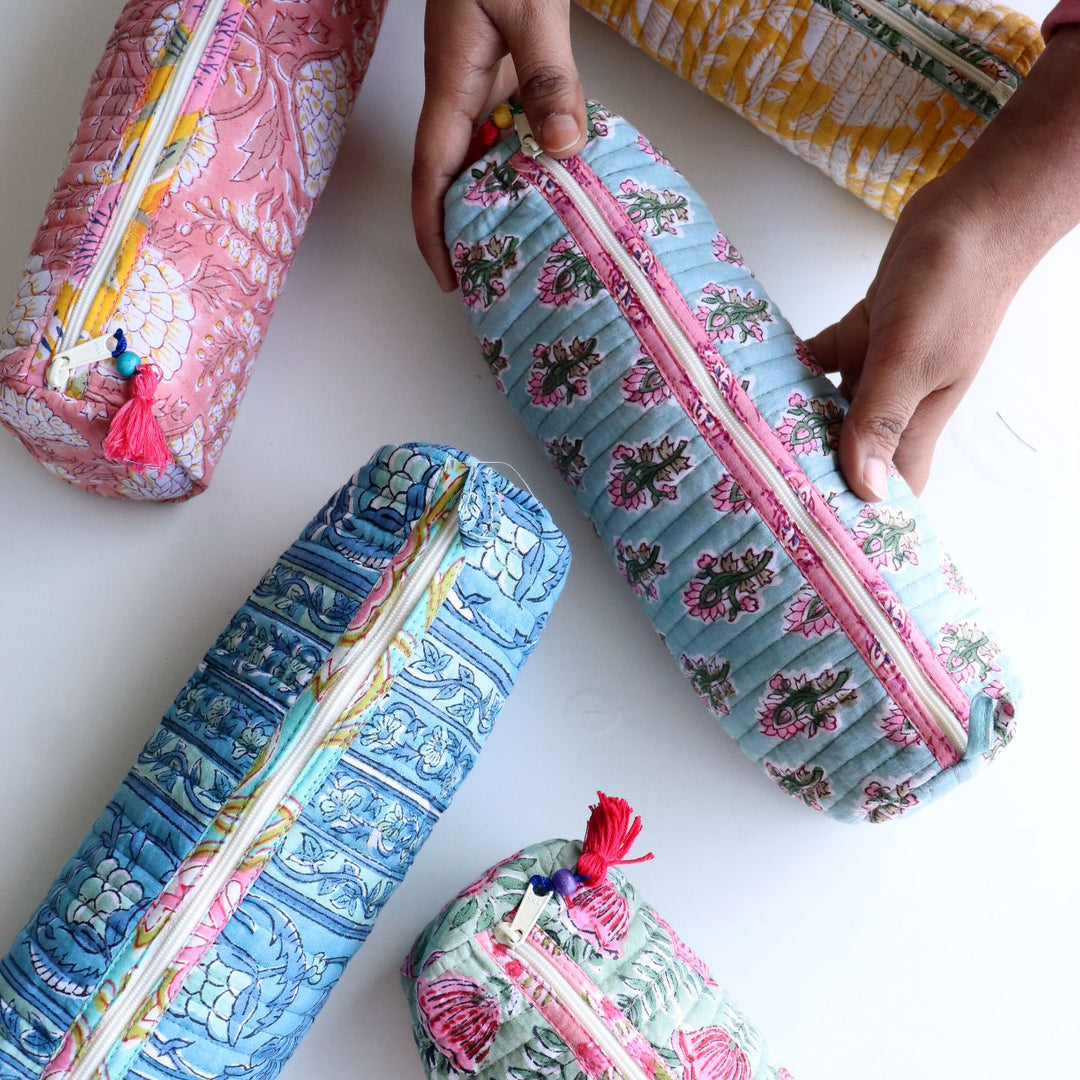Assorted Handmade Block Printed Pom - Pom Zip Pull Cotton Pencil Pouch | Set Of 5 | 8 x 3 Inch