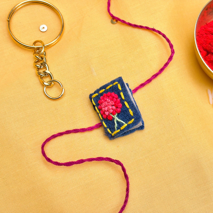 Hand Embroidered Book Rakhi With Keychain For Brother