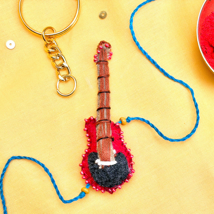 Hand Embroidered Guitar Rakhi With Keychain For Brother