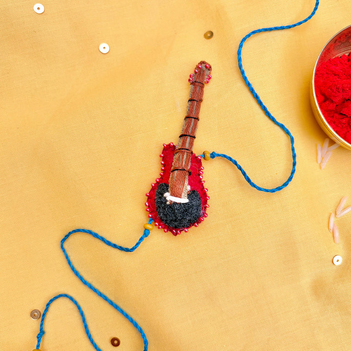 Hand Embroidered Guitar Rakhi With Keychain For Brother