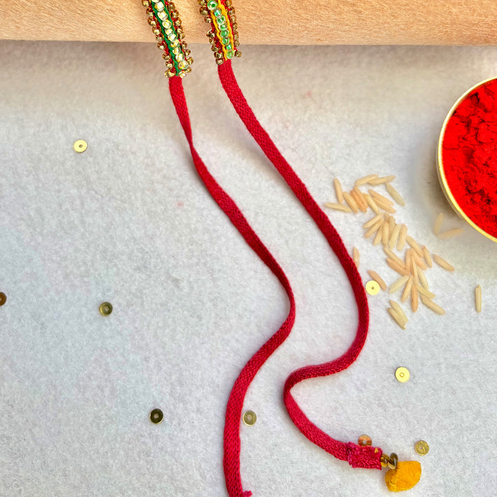 2 Pc | Hand Embroidered Beaded Chain Rakhis With Roli Chawal For Brother