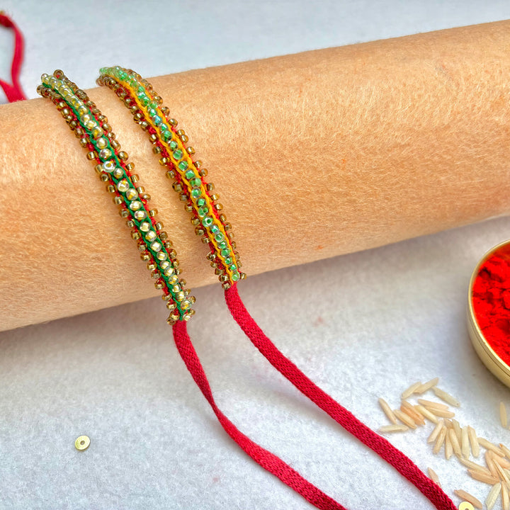 2 Pc | Hand Embroidered Beaded Chain Rakhis With Roli Chawal For Brother