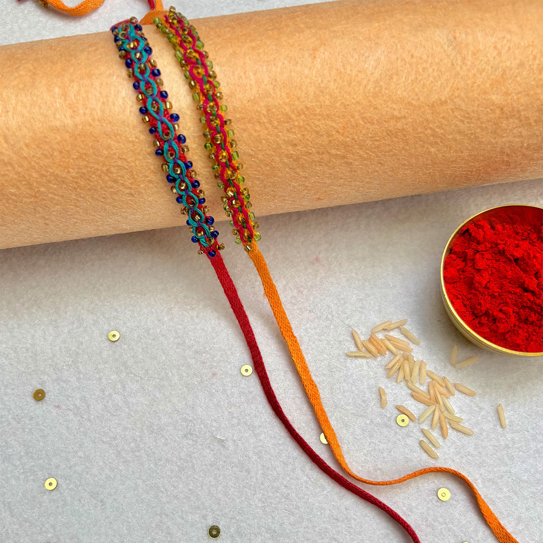 2 Pc | Hand Embroidered Double Leheriya Rakhis With Roli Chawal For Brother