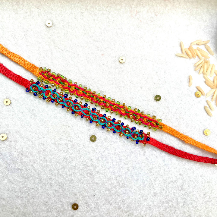 2 Pc | Hand Embroidered Double Leheriya Rakhis With Roli Chawal For Brother