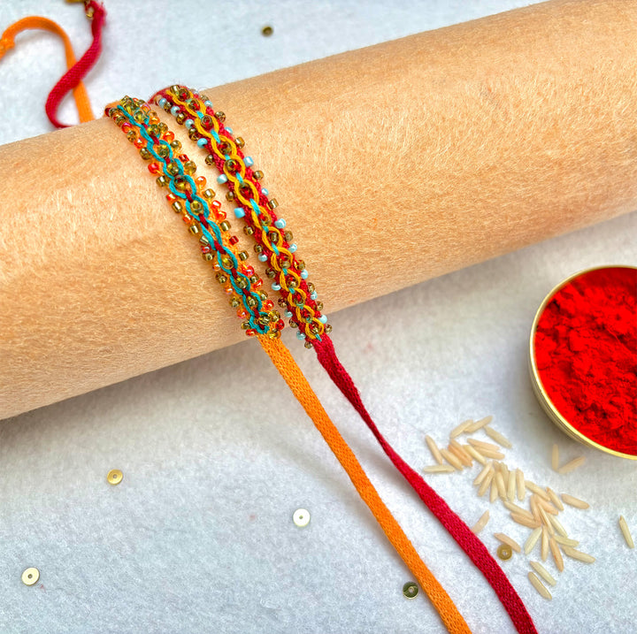 2 Pc | Hand Embroidered Double Leheriya Rakhis With Roli Chawal For Brother