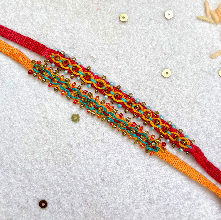 2 Pc | Hand Embroidered Double Leheriya Rakhis With Roli Chawal For Brother