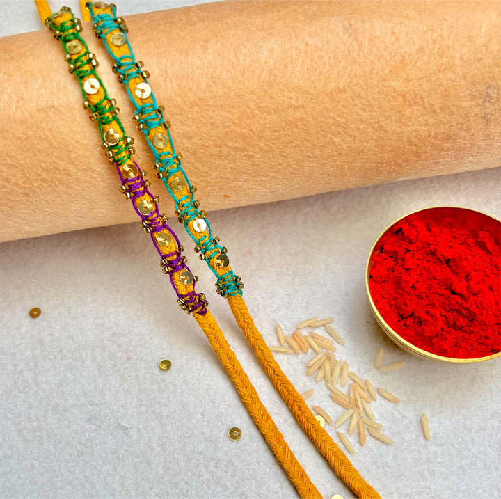 2 Pc | Hand Embroidered Sequin Blanket Stitch Rakhis With Roli Chawal For Brother