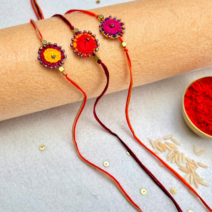 3 Pc | Hand Embroidered Bindu Felt Rakhis With Roli Chawal For Brother