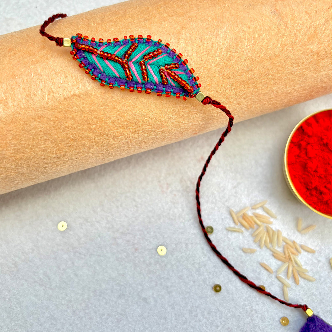 Hand Embroidered Leaf Ornamental Rakhi For Brother