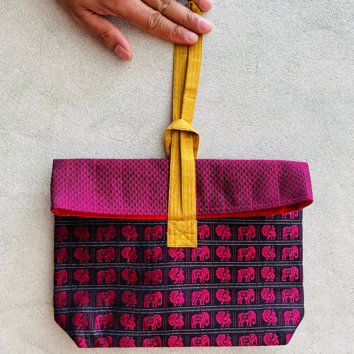 Handmade Pink Elephant & Peacock Motif Khunn Fabric Cotton Wrist Purse