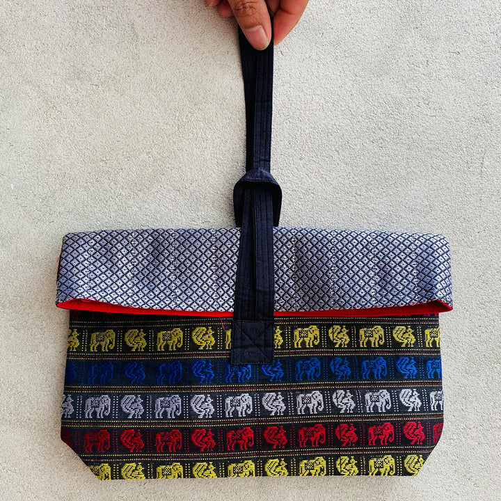 Handmade Grey Elephant & Peacock Khunn Fabric Cotton Wrist Purse