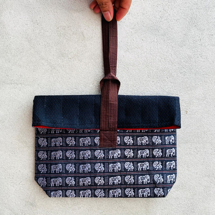 Handmade Black Elephant & Peacock Motif Khunn Fabric Cotton Wrist Purse