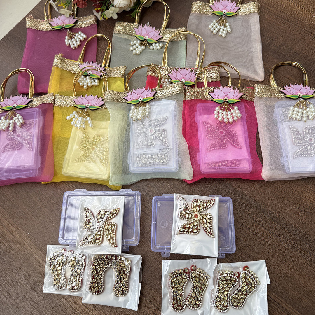 Swastik Laxmi Charan Combo Kundan Detailed Traditional Ganpati Gift Hamper With Organza Bag For Pooja Gifting