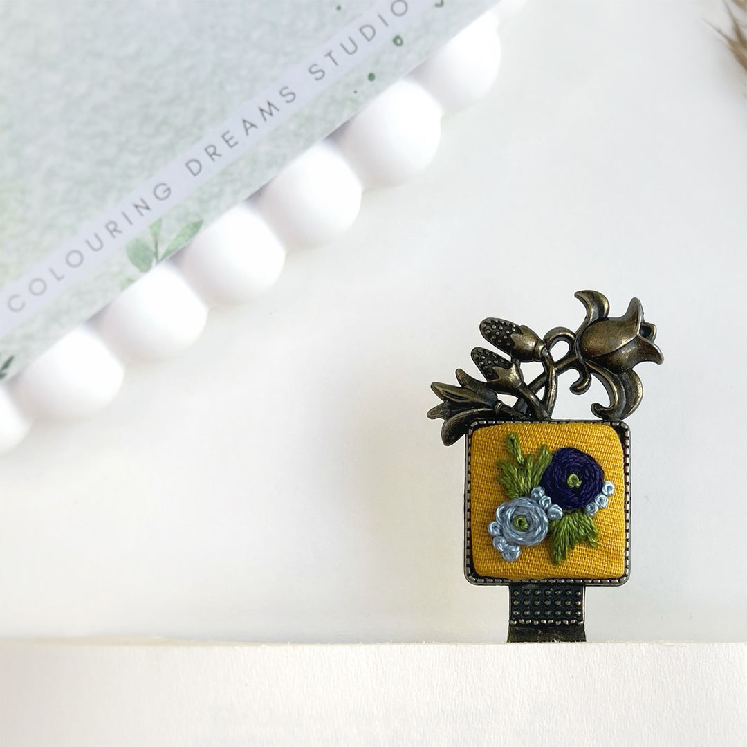 Hand Embroidered Indigo Fleur Bronze Bookmark