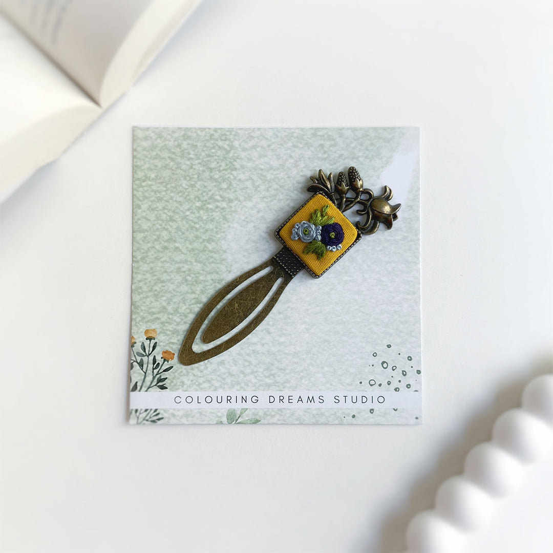 Hand Embroidered Indigo Fleur Bronze Bookmark