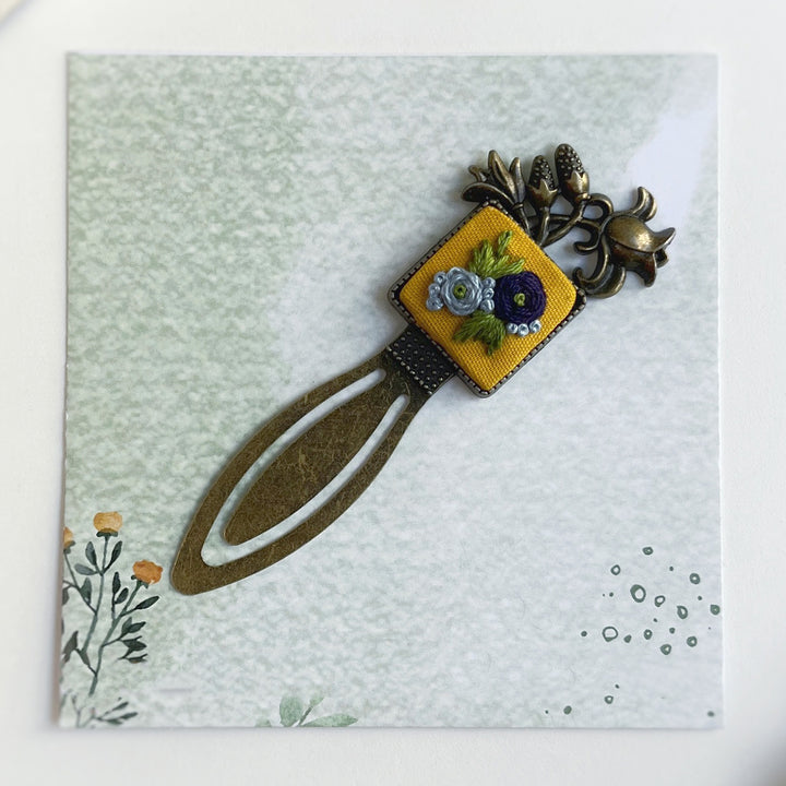 Hand Embroidered Indigo Fleur Bronze Bookmark