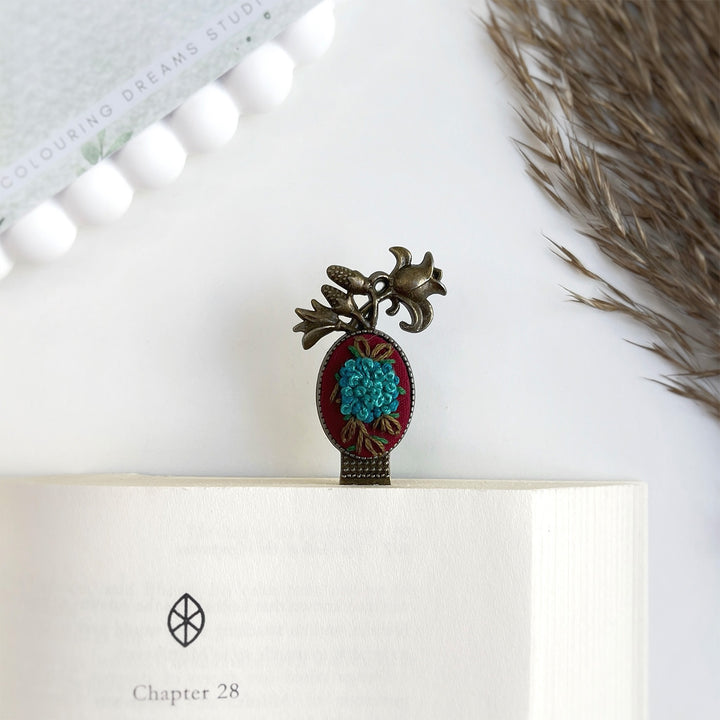 Hand Embroidered Tales In Teal Bronze Bookmark