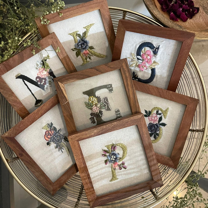 Personalized Initials Sheesham Wood Embroidered Coaster | Set of 2